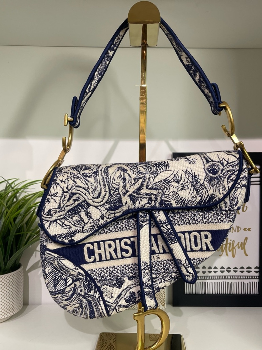 Dior Navy & White Medium Saddle Shoulder Bag with Toile Motif